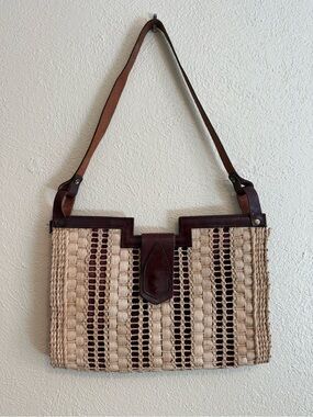 Woven Straw and Brown Leather Shoulder Bag